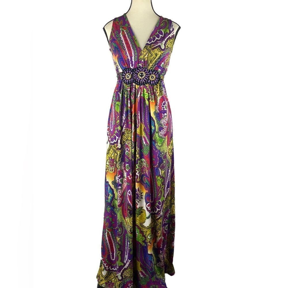 Designer ICE floral Paisley colorful sleeveless maxi dress Empress  waist‎ sz S